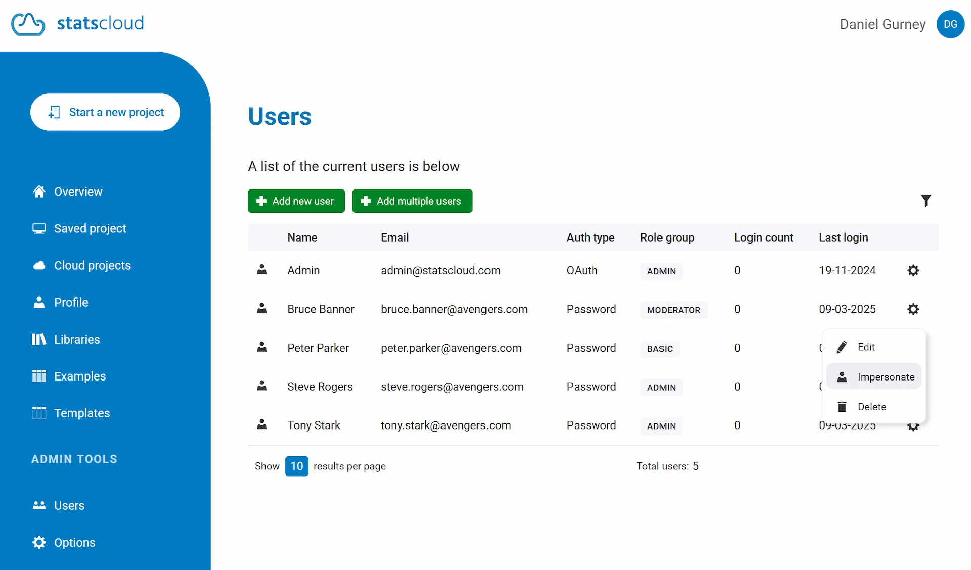 The "Users" tab open in the home dashboard