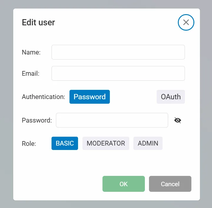 A pop-up dialog box entitled "Edit User" with a form containing options for the user