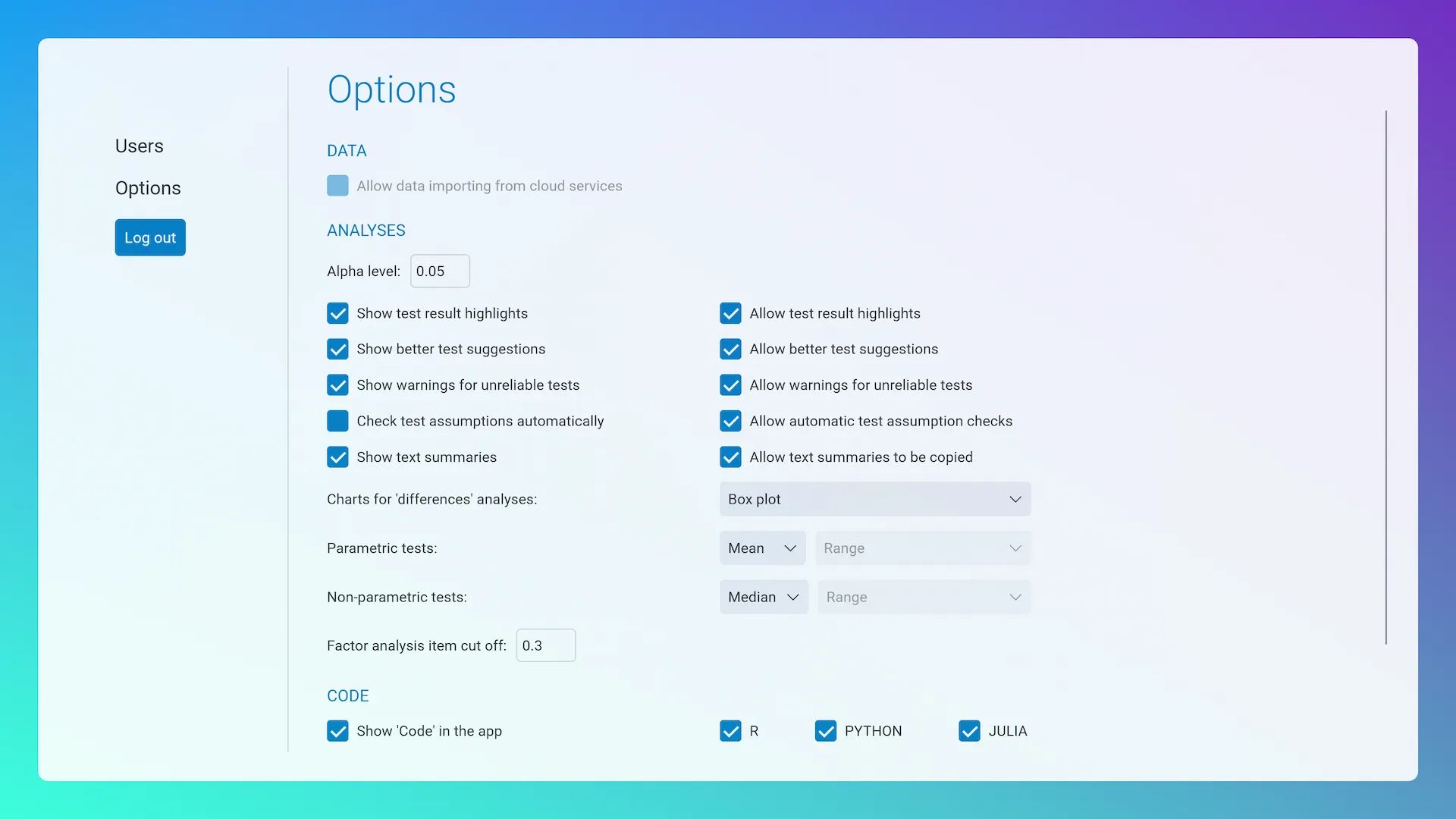 The "Options" tab showing a list of options with text entries and checkboxes