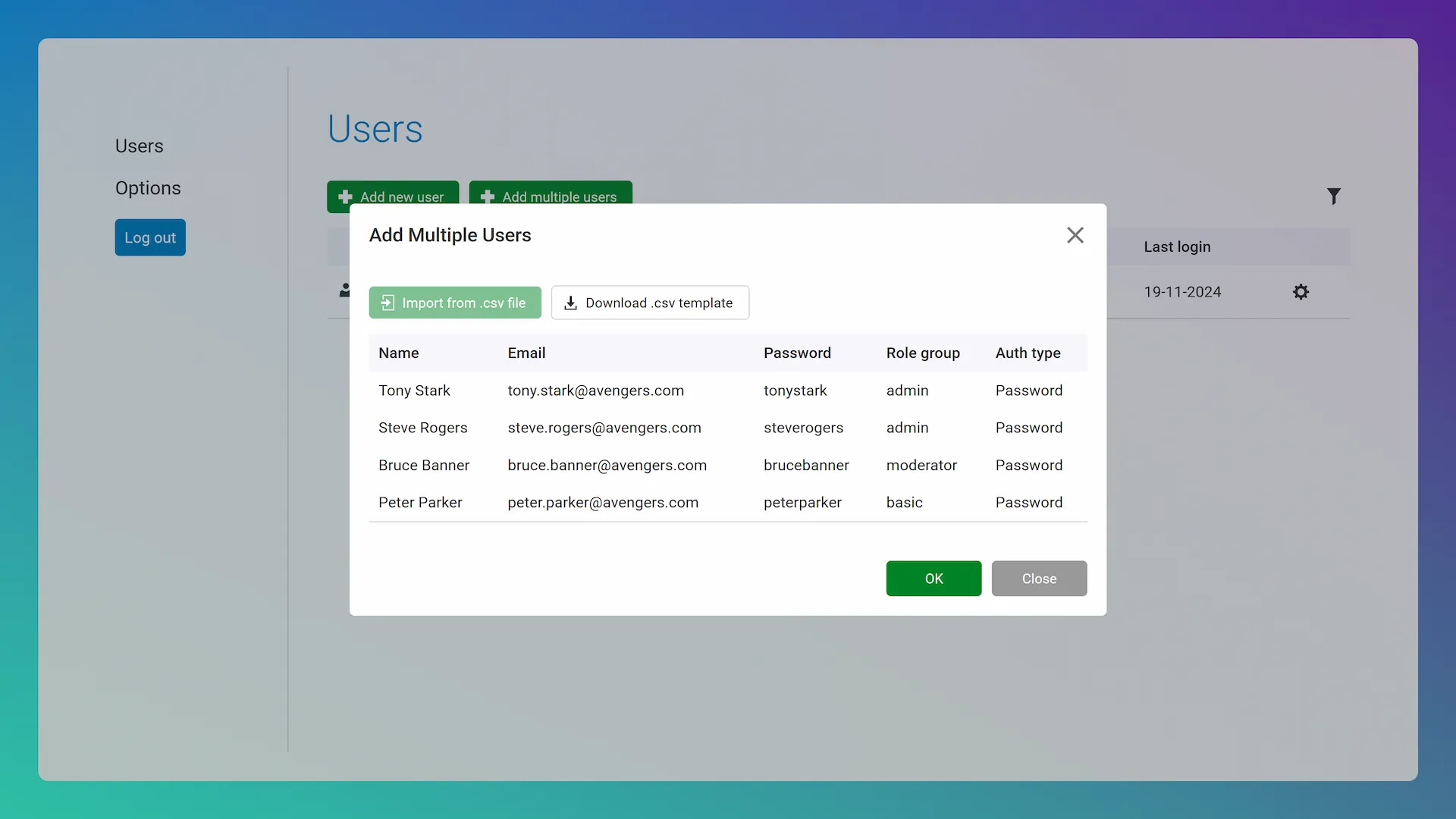 The pop-up dialog box entitled "Add Multiple Users" the a table completed with entries from four users
