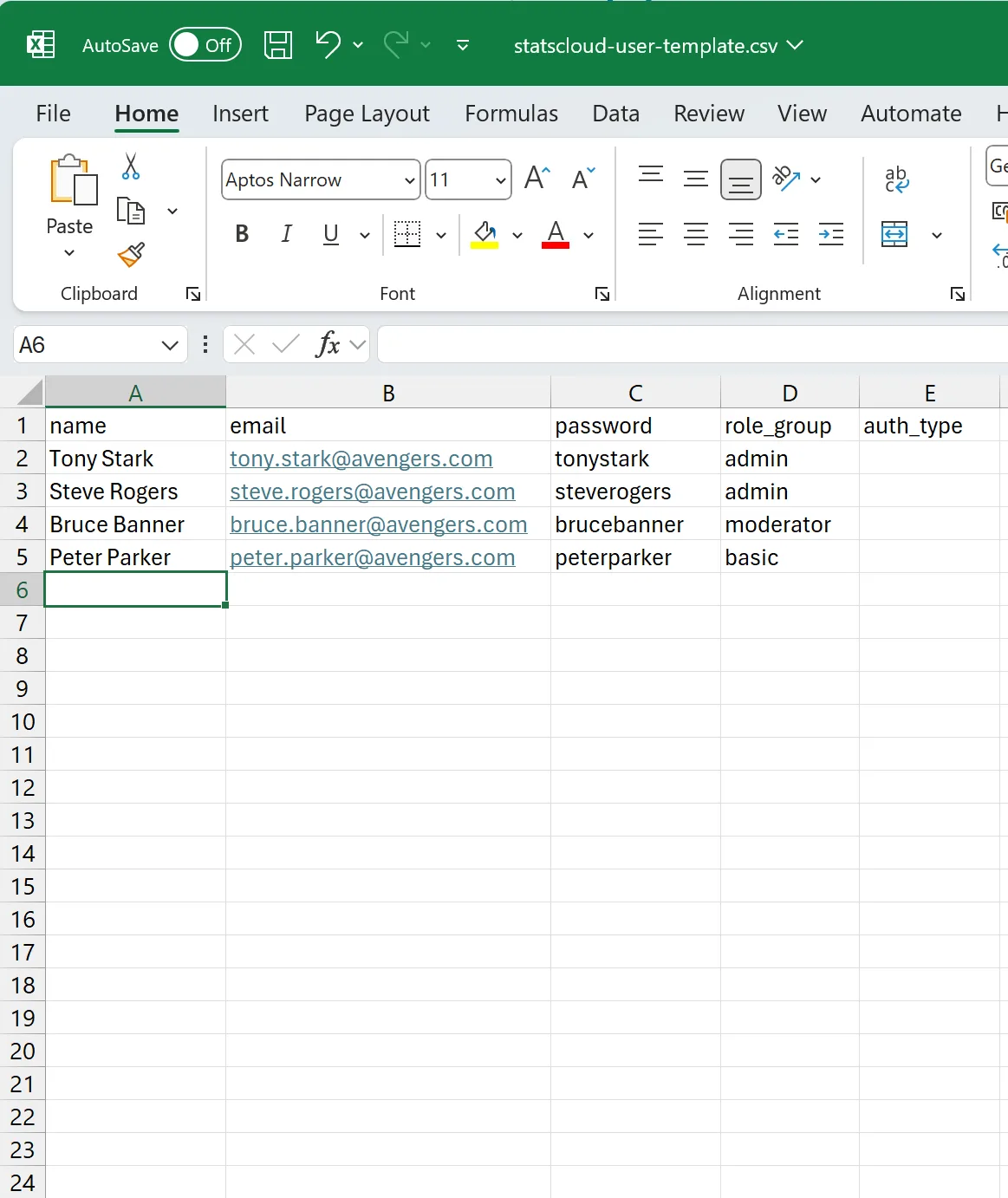 An Excel spreadsheet containing details on four users